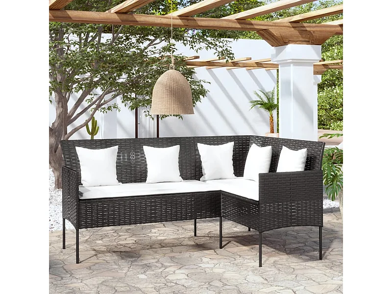 Loungebank met kussens L-vormig poly rattan zwart