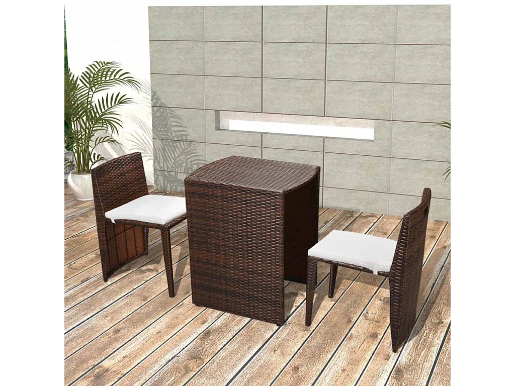 Set da Bistrot 3 pz con Cuscini in Polyrattan Marrone