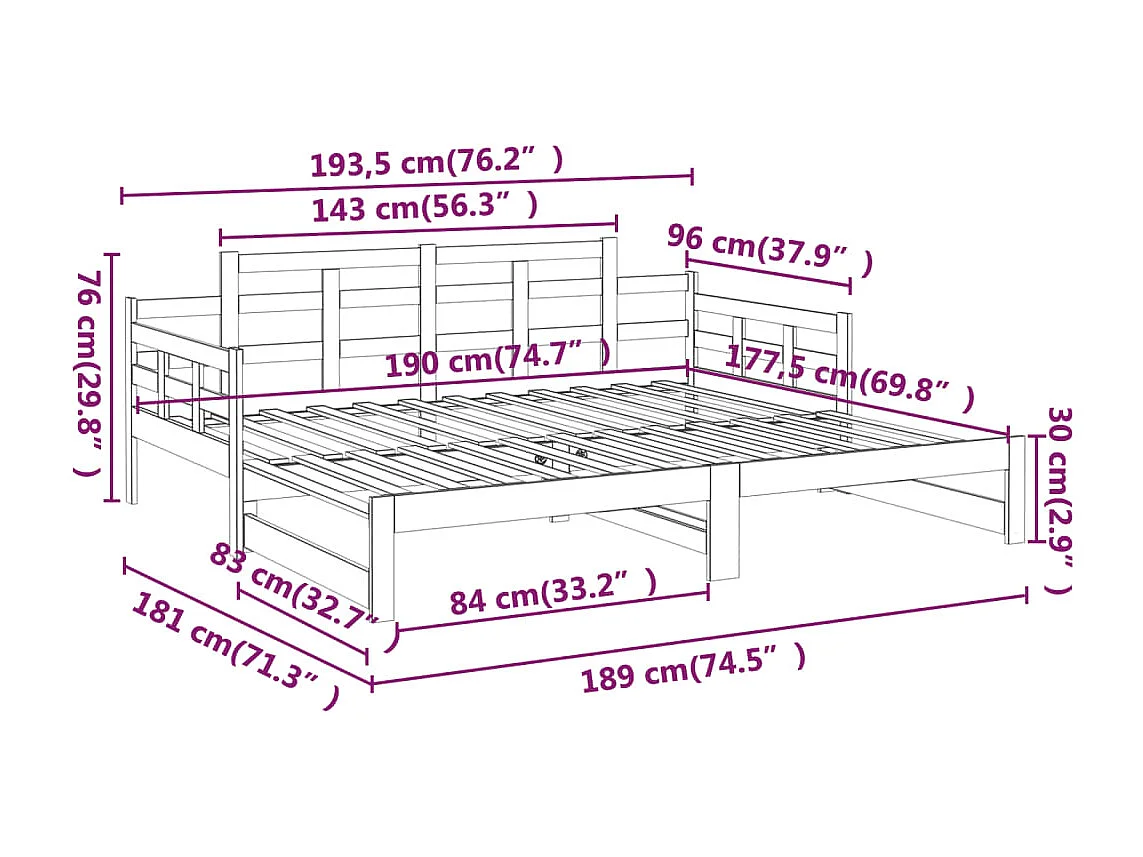 Slaapbank uitschuifbaar massief grenenhout zwart 2x(90x190) cm