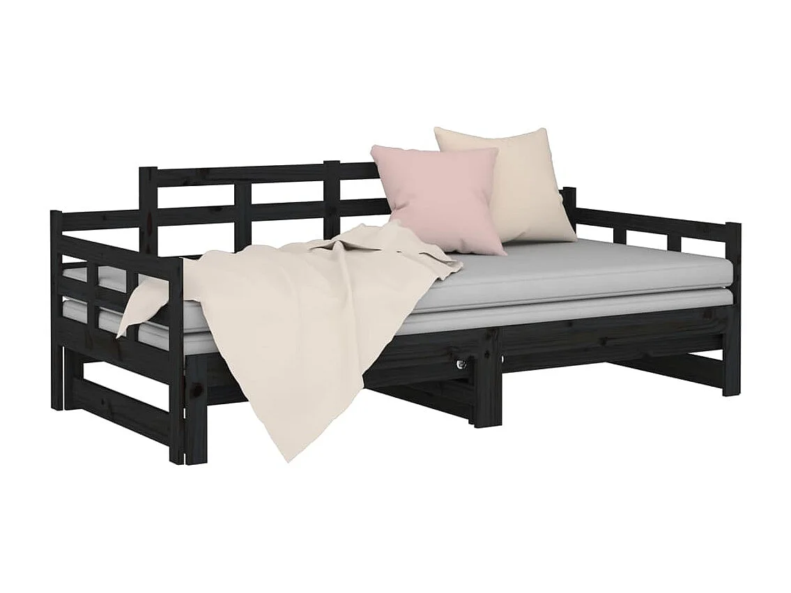 Slaapbank uitschuifbaar massief grenenhout zwart 2x(90x190) cm