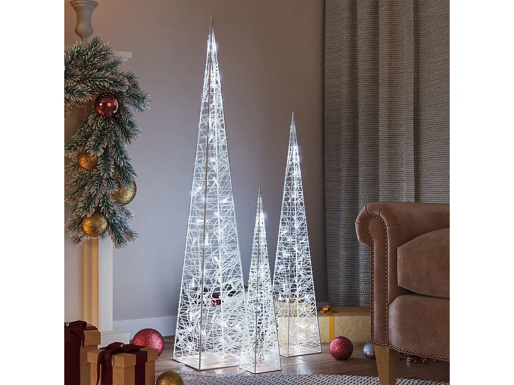 Conj. cones decorativos acrílico 60/90/120cm LEDs branco frio