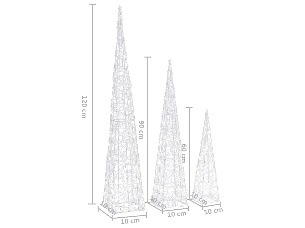 Conj. cones decorativos acrílico 60/90/120cm LEDs branco frio
