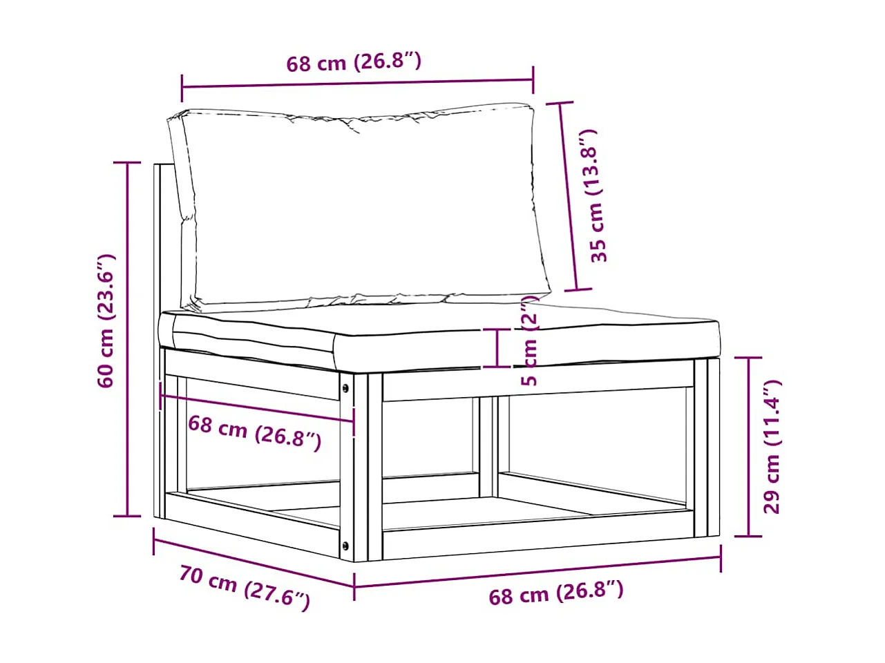 Modular-Mittelsofa mit Dunkelgrauen Kissen Akazie Massivholz