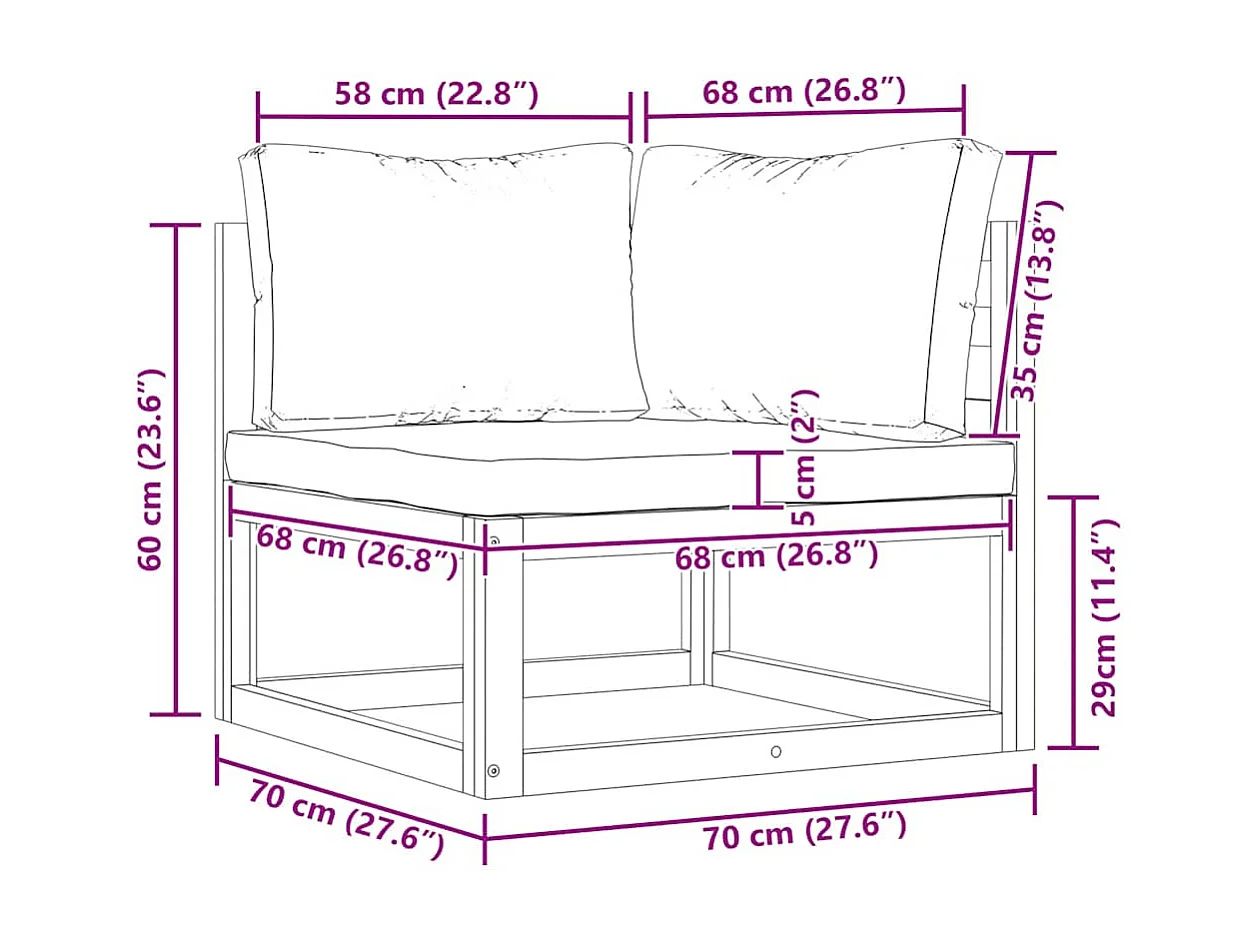 Canapé d'angle sectionnel et coussin blanc crème Bois d'acacia