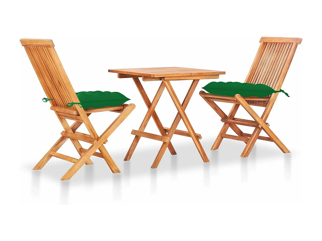 Set da Bistrot 3 pz con Cuscini Verdi in Legno Massello di Teak