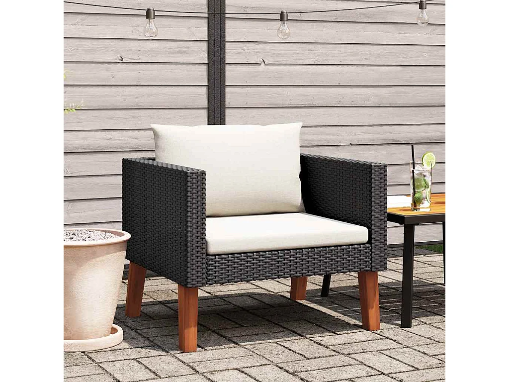 Tuinbank eenzits met kussens poly rattan zwart