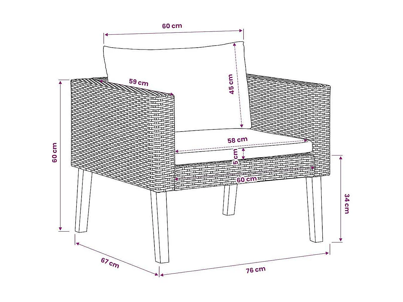 Tuinbank eenzits met kussens poly rattan zwart