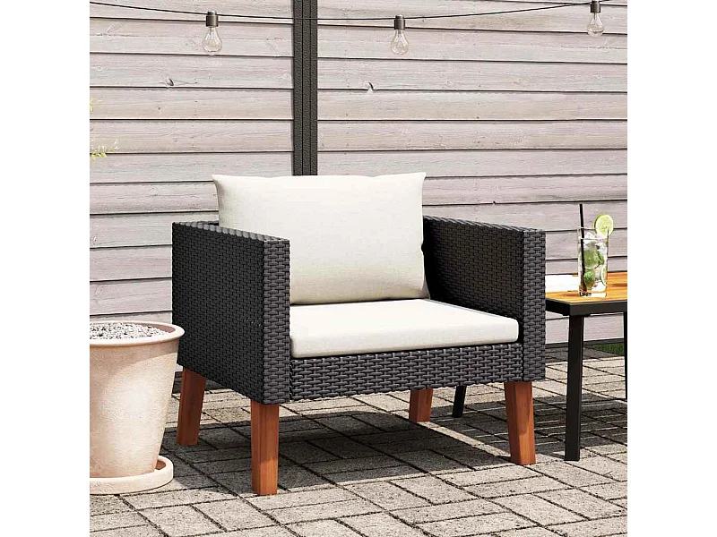 Canapé simple de jardin avec coussins Résine tressée Noir