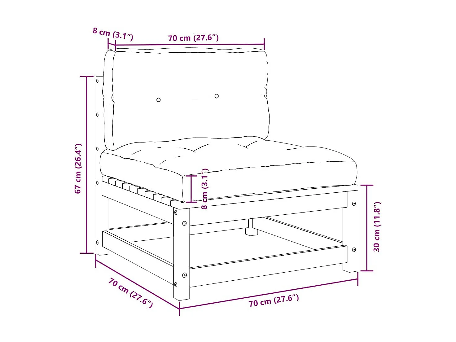 Canapé central de jardin avec coussins Bois de pin massif