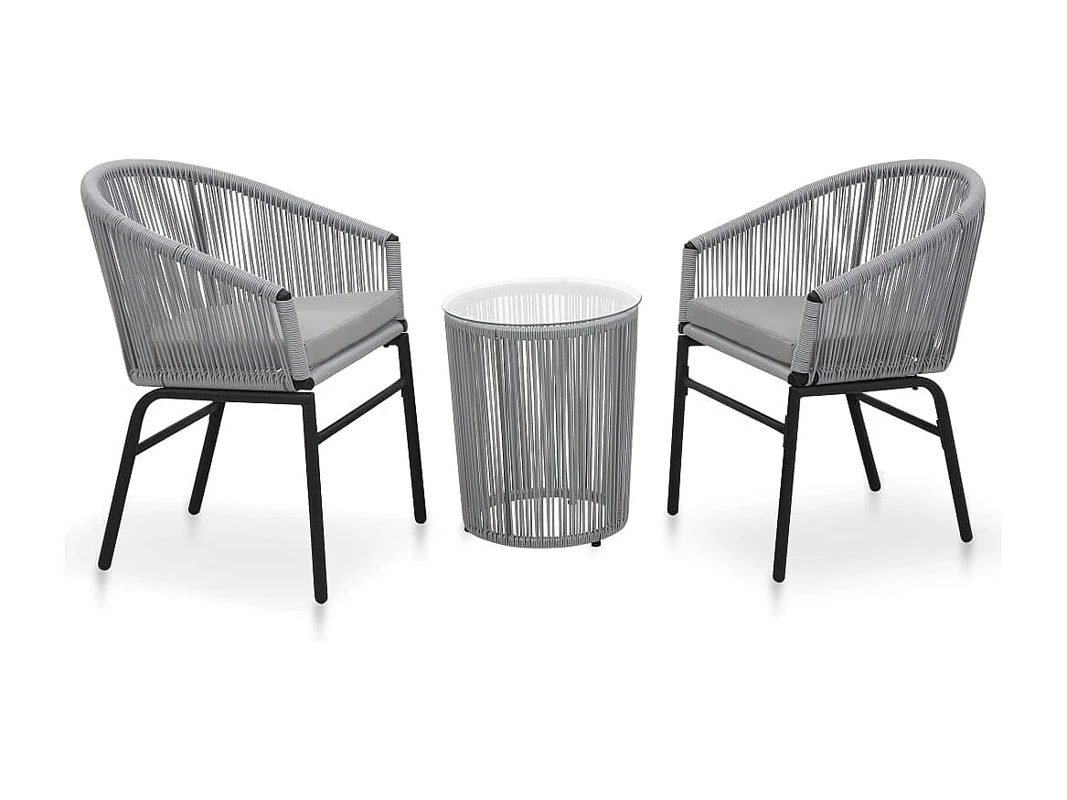 Set mesa y sillas de jardín 3 pzas y cojines ratán PE gris