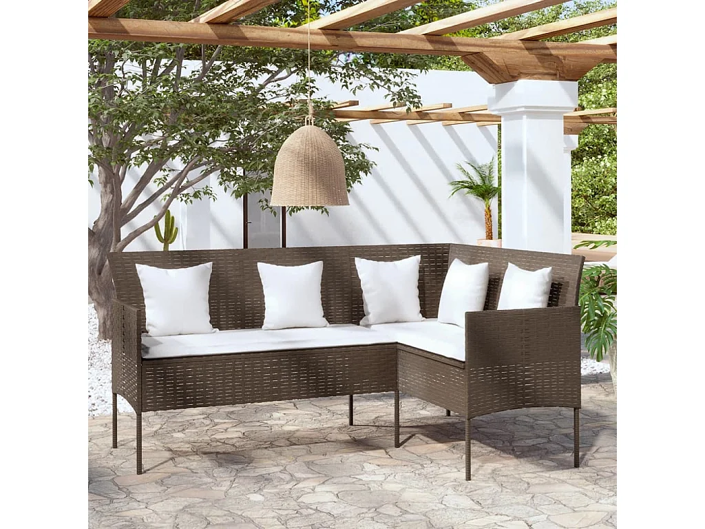 Divano a Forma di L con Cuscini in Polyrattan Marrone