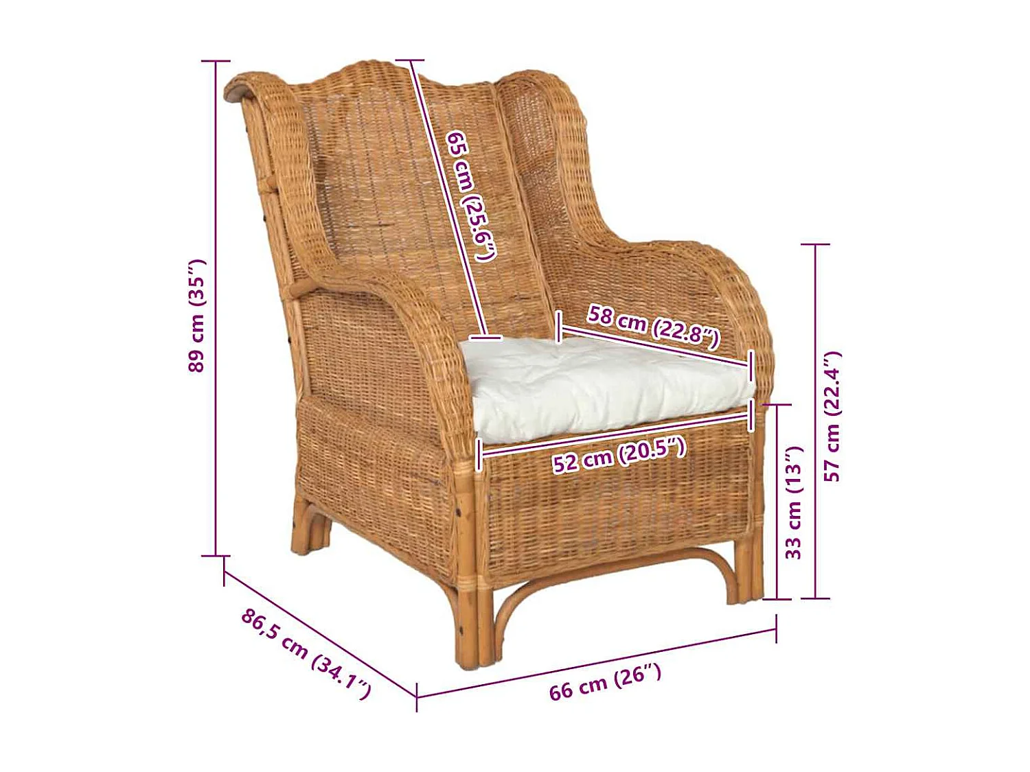 Sofá com almofadão vime natural e linho castanho-claro