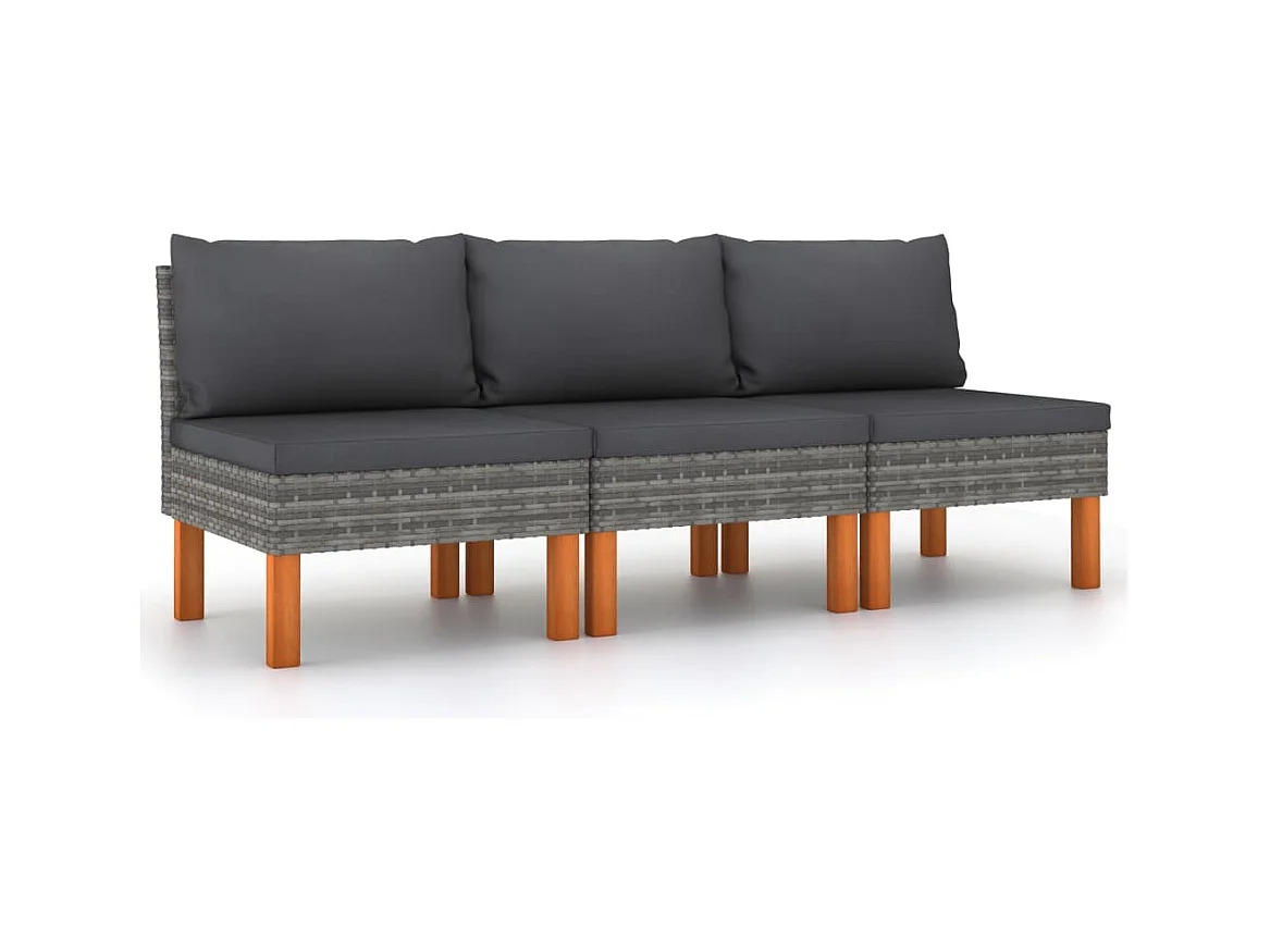 Divani Centrali 3 pz Polyrattan e Legno Massello di Eucalipto