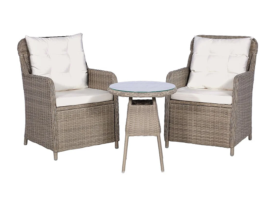 3-tlg. Bistro-Set mit Auflagen und Kissen Poly Rattan Braun