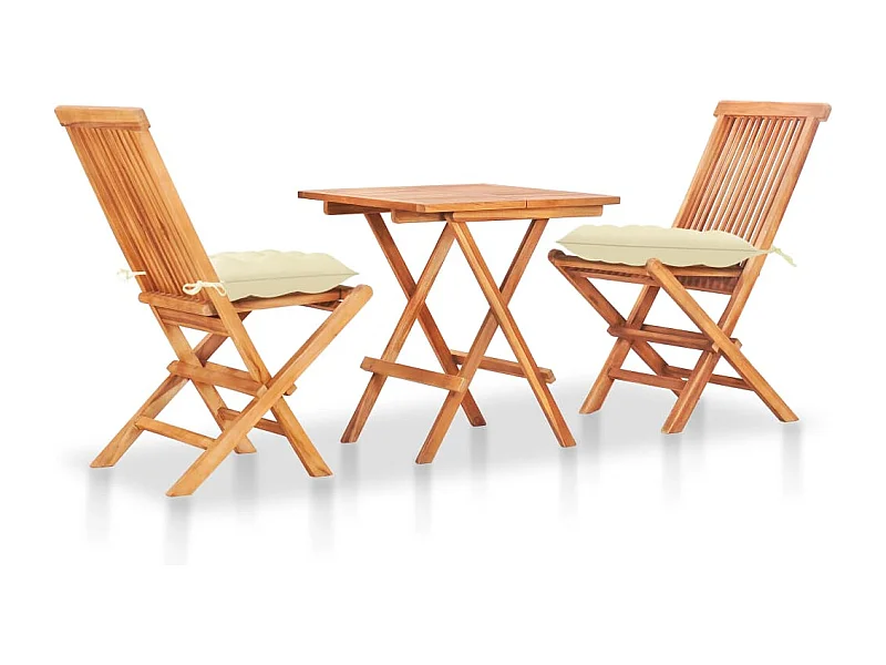 3-tlg. Bistro-Set mit Cremeweißen Kissen Massivholz Teak