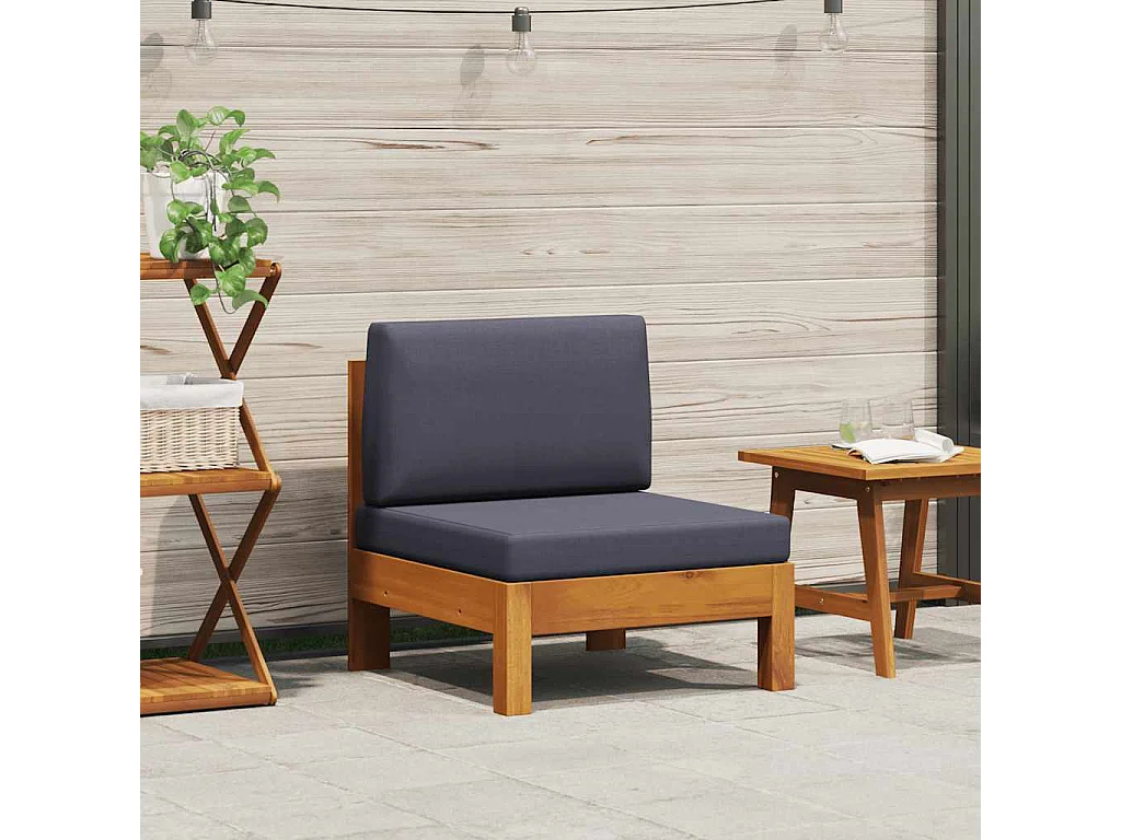 Sofá central de madera de acacia con cojines gris oscuro