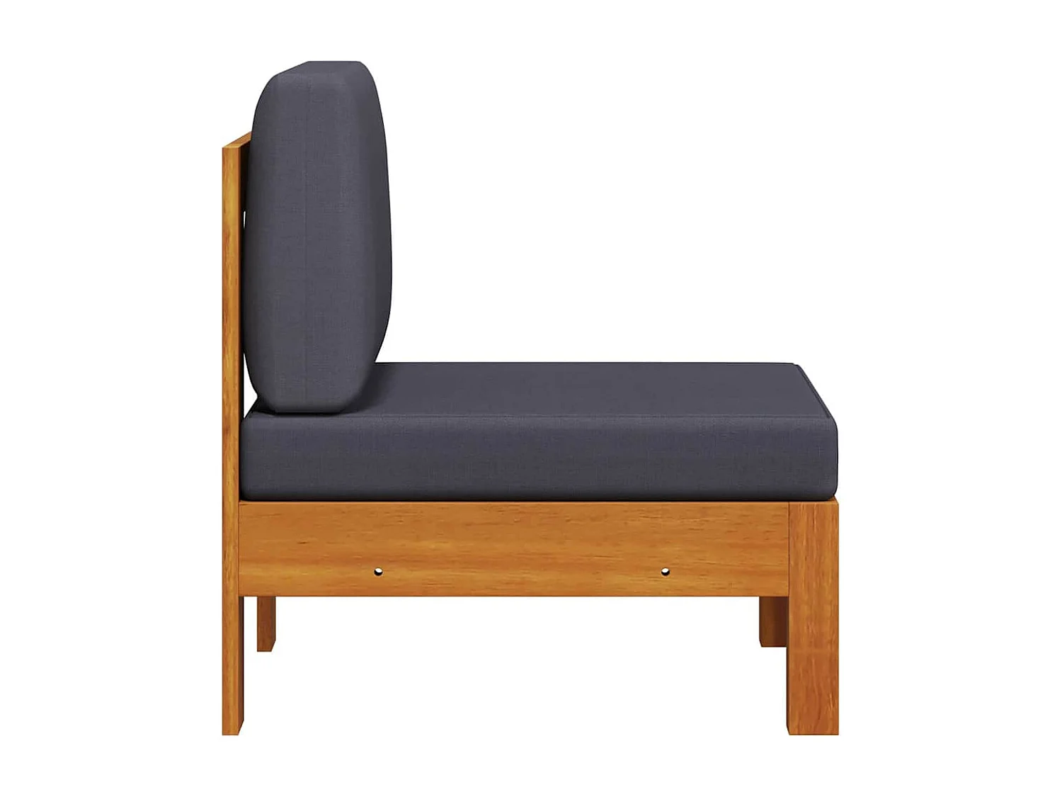 Sofá central de madera de acacia con cojines gris oscuro