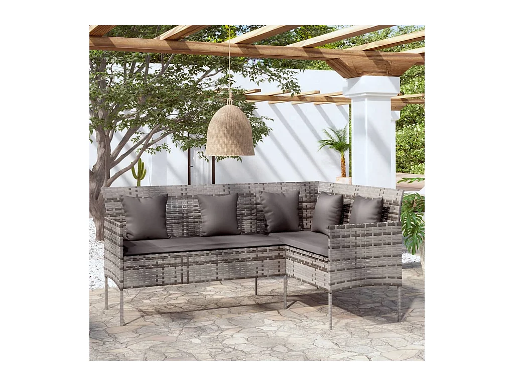 Canapé d'extérieur en L avec coussins Résine tressée Gris
