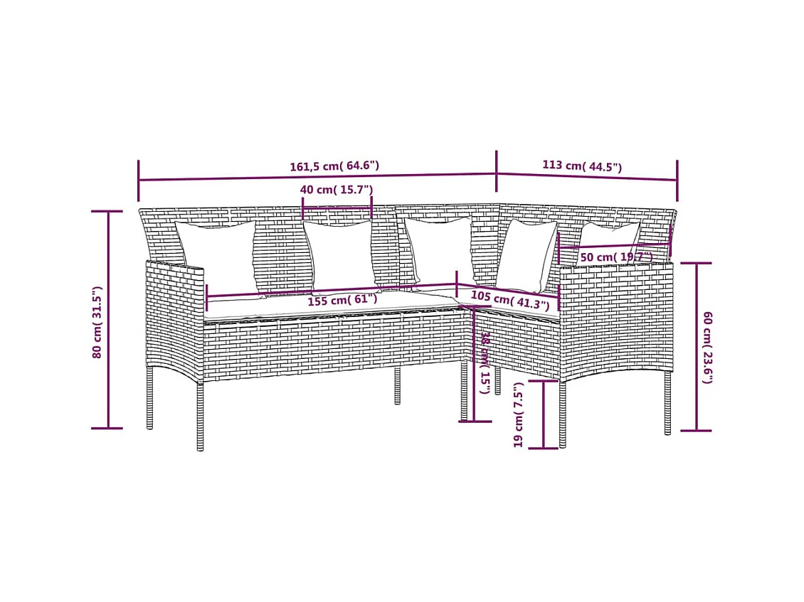 Canapé d'extérieur en L avec coussins Résine tressée Gris