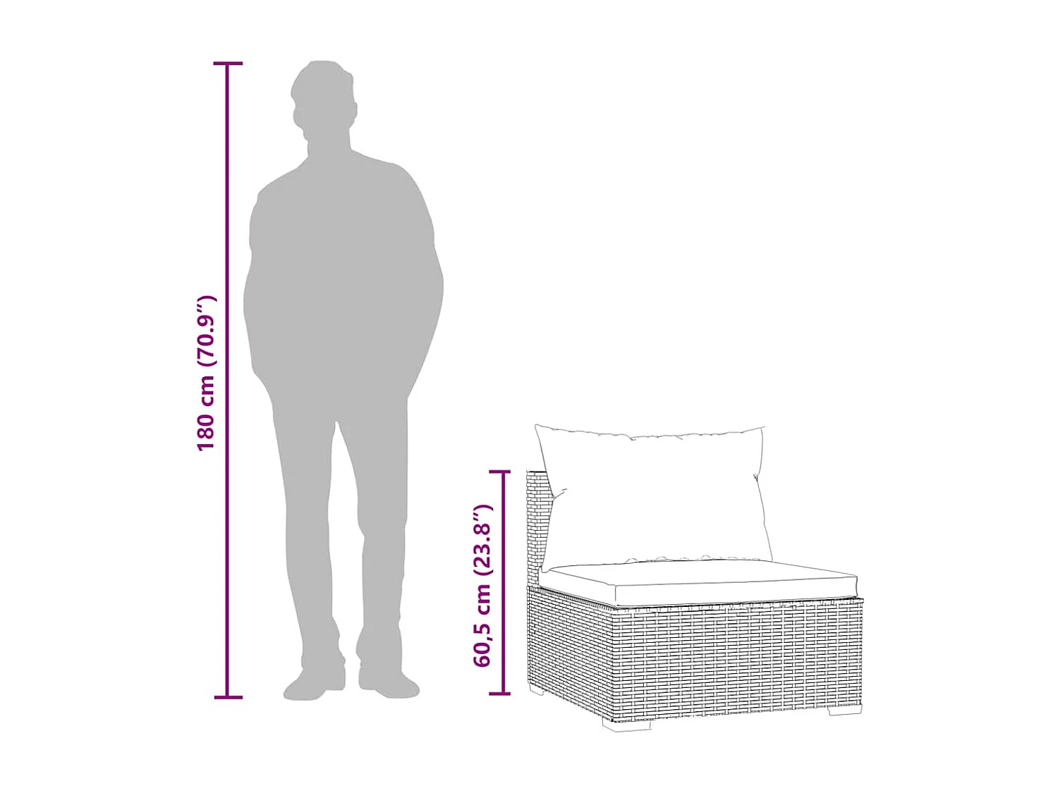 Garten-Mittelsofa mit Kissen Schwarz Poly Rattan