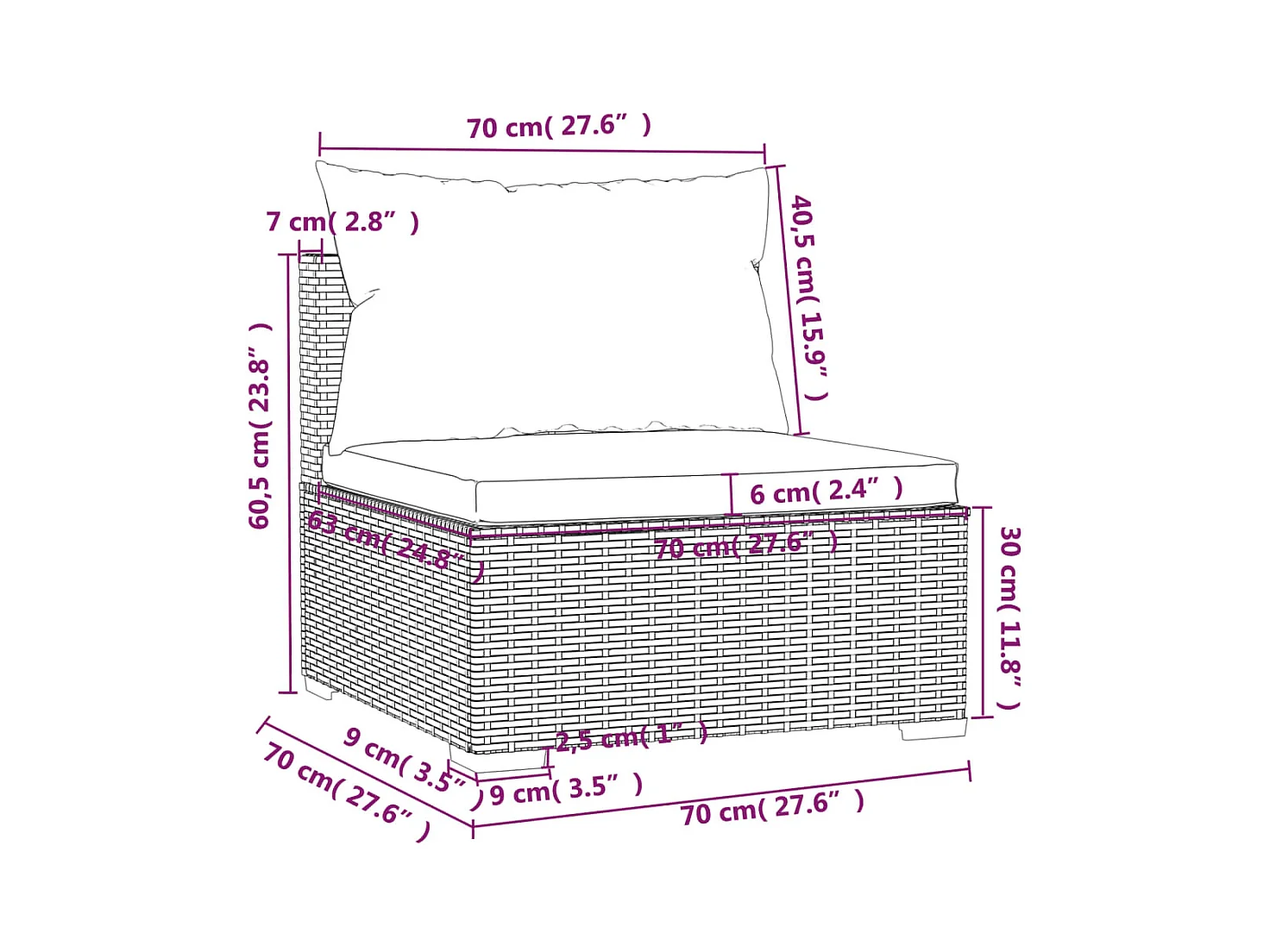 Canapé central de jardin avec coussins Noir Résine tressée