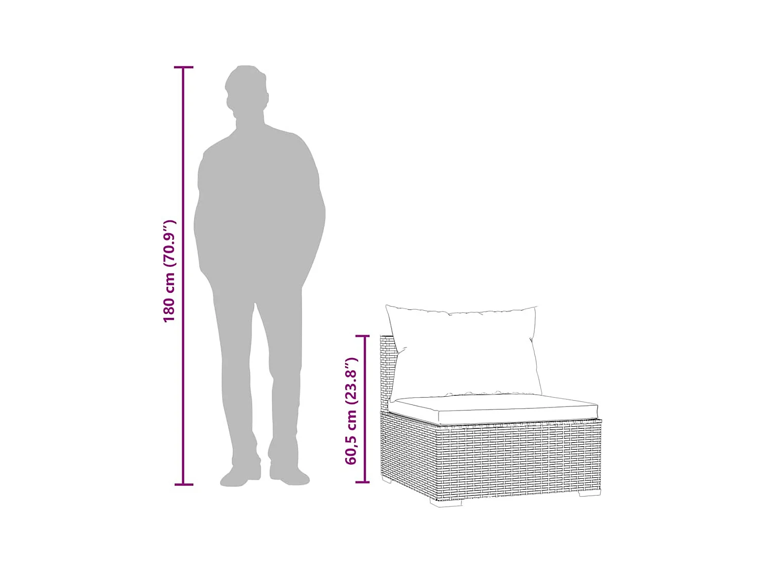 Canapé central de jardin avec coussins Noir Résine tressée