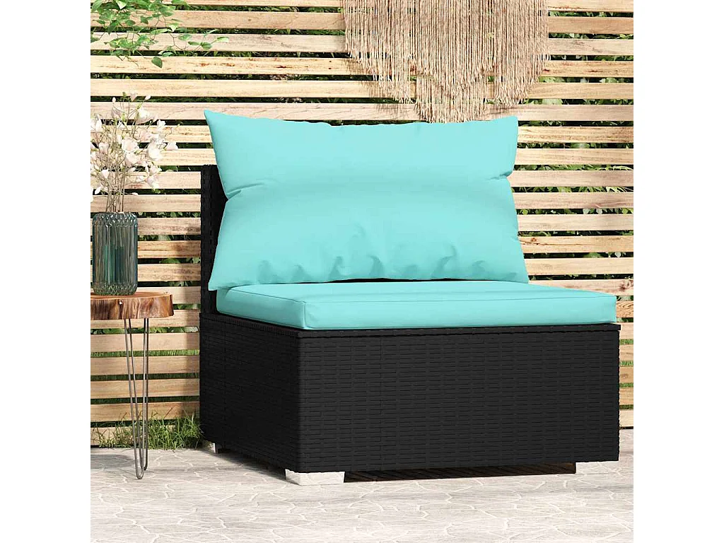 Sofá de centro para jardim com almofadões vime PE preto