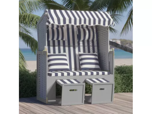 Kauf Unique Strandkorb mit Kissen Poly Rattan und Massivholz Blau & Weiß