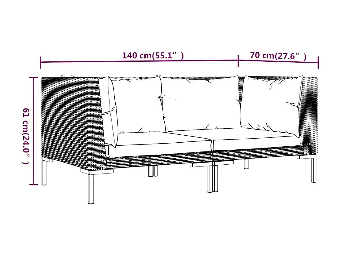 Gartensofas 2 Stk. mit Kissen Halbrundes Poly Rattan