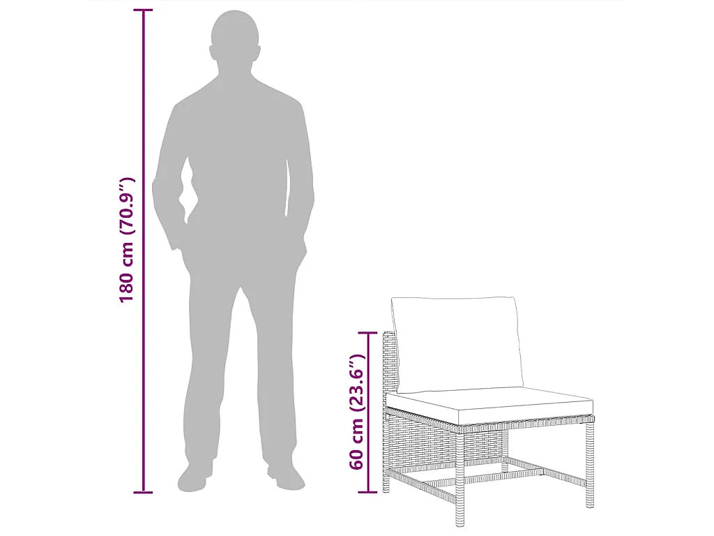 Canapé central sectionnel avec coussins Gris Résine tressée