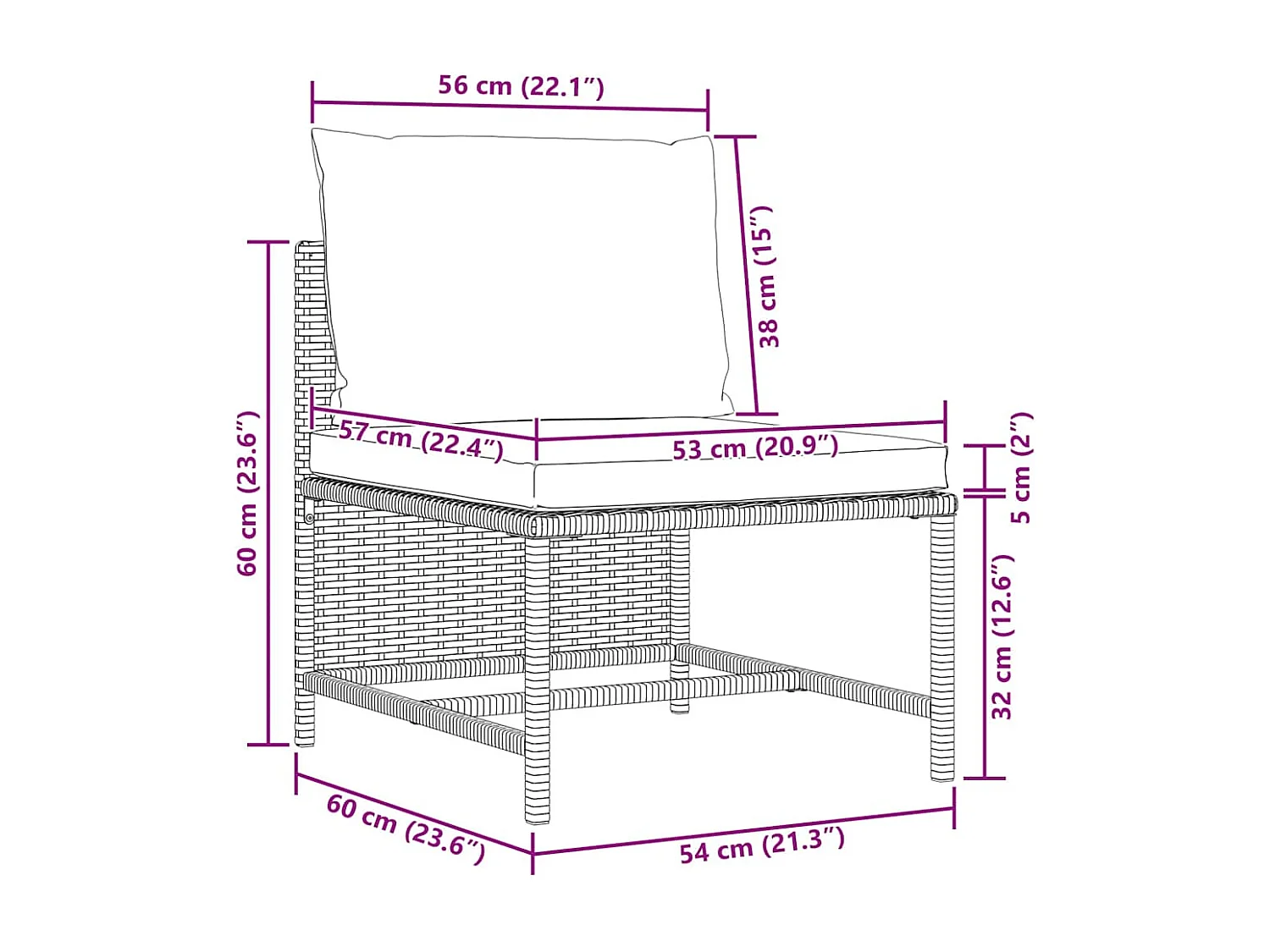 Canapé central sectionnel avec coussins Gris Résine tressée