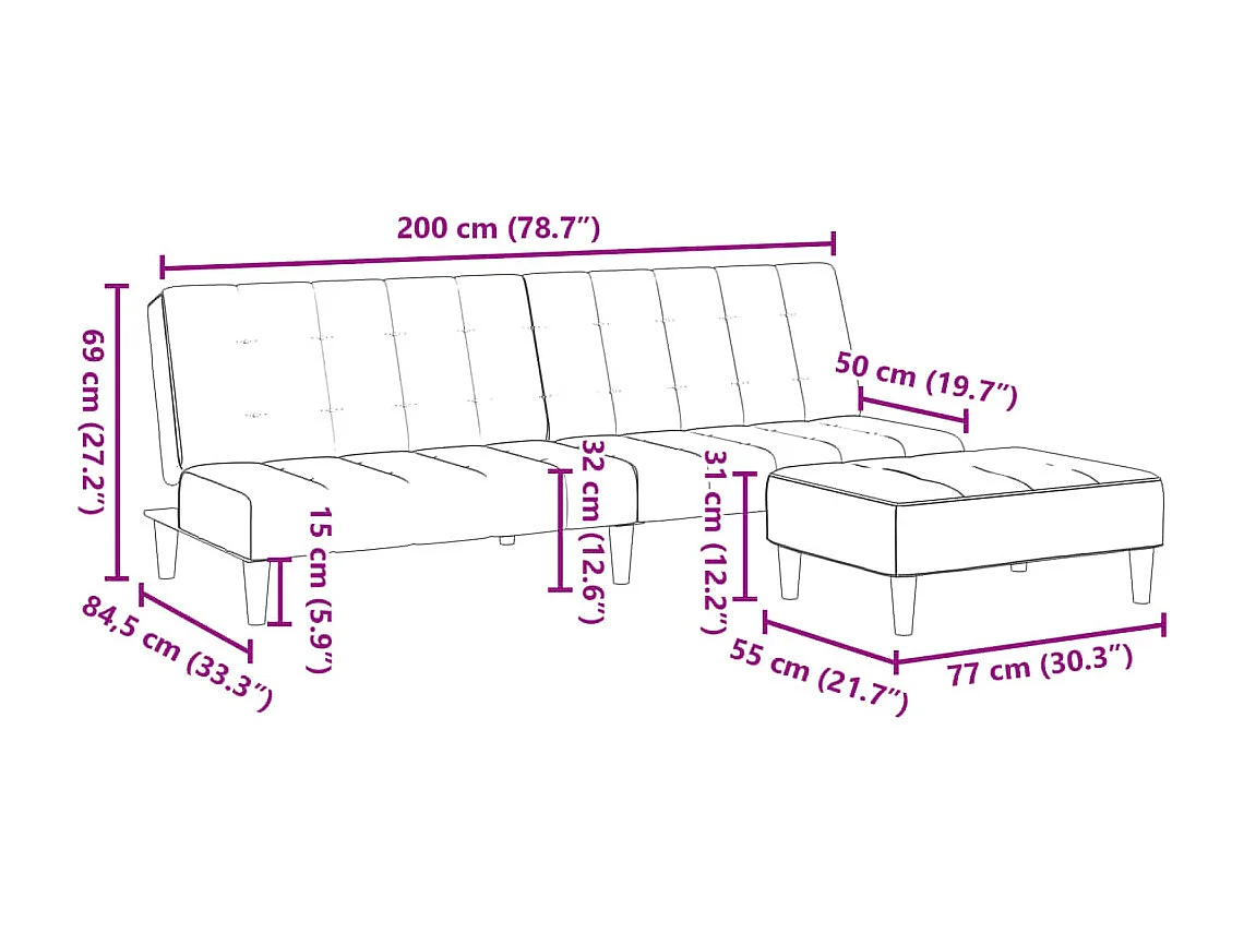 Schlafsofa 2-Sitzer mit Fußhocker Blau Samt