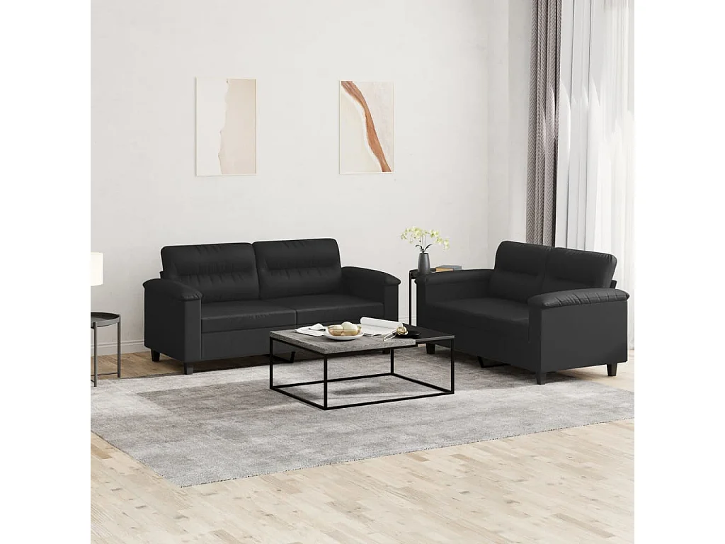 2 pcs conjunto de sofás com almofadões couro artificial preto