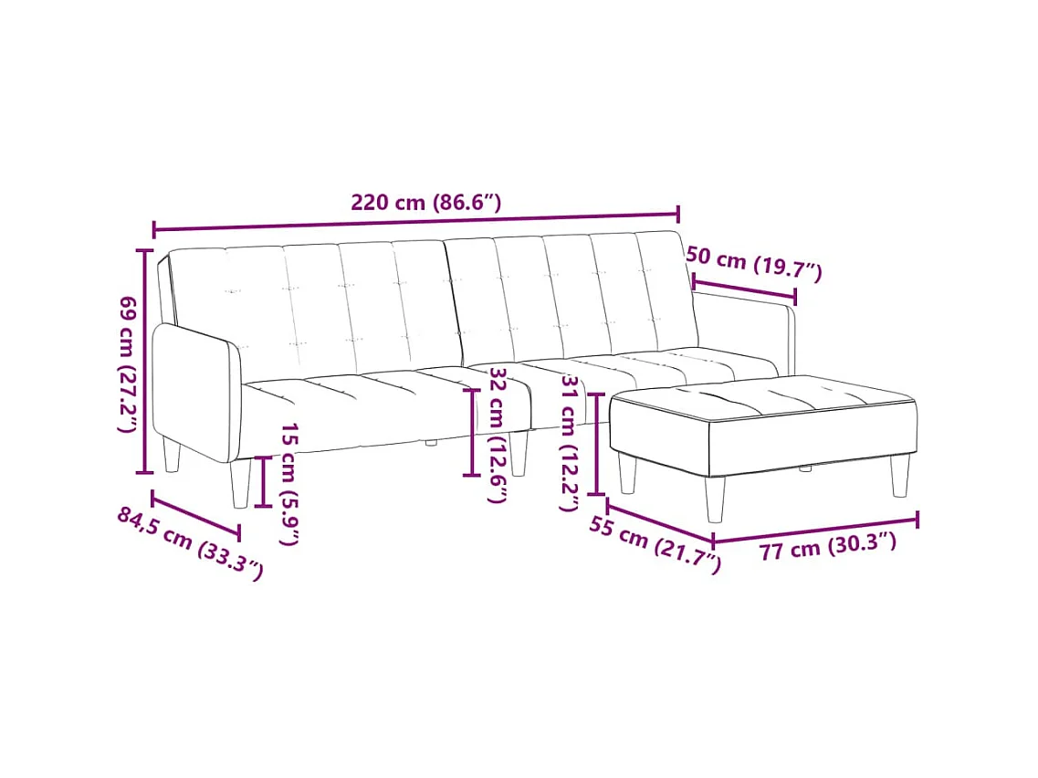 Sofá cama de 2 plazas con taburete terciopelo amarillo
