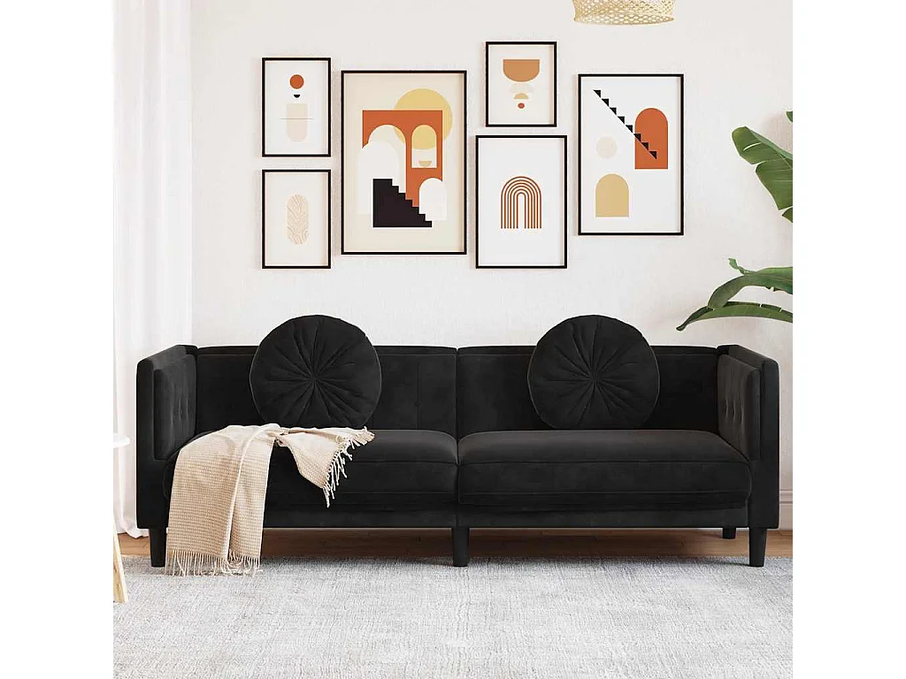 Sofa mit Kissen 3-Sitzer Schwarz Samt