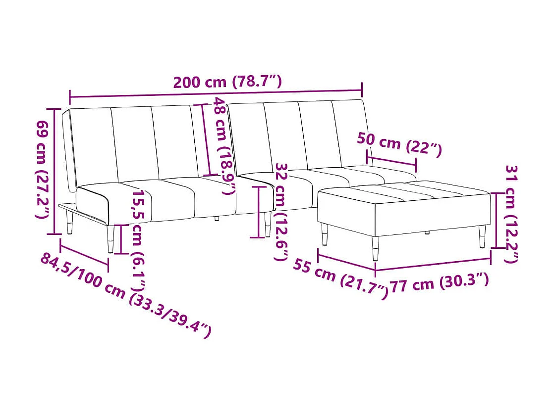 Slaapbank 2-zits met voetenbank fluweel zwart