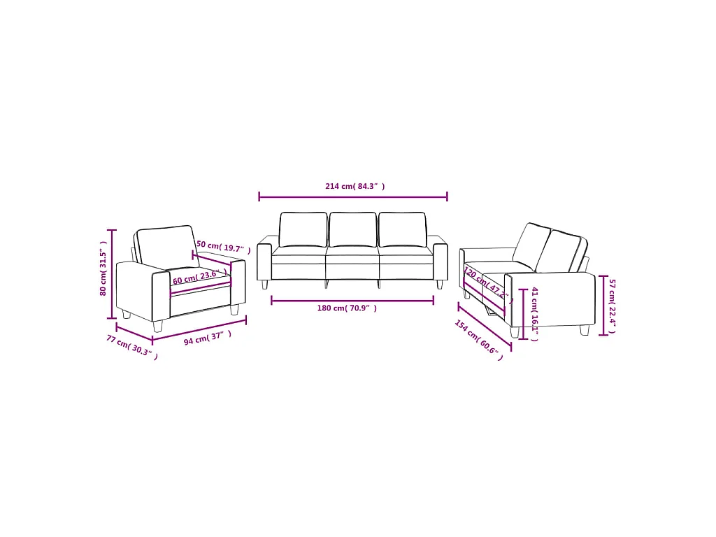 3-delige Loungeset stof donkergrijs