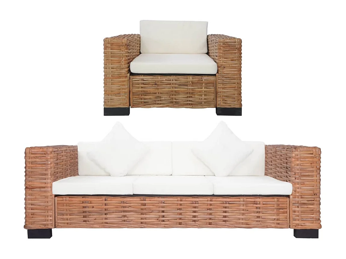 2 pcs conjunto de sofás com almofadões vime natural