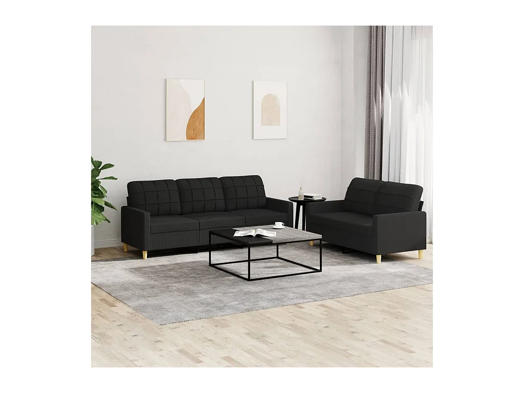 2-tlg. Sofagarnitur mit Kissen Schwarz Stoff