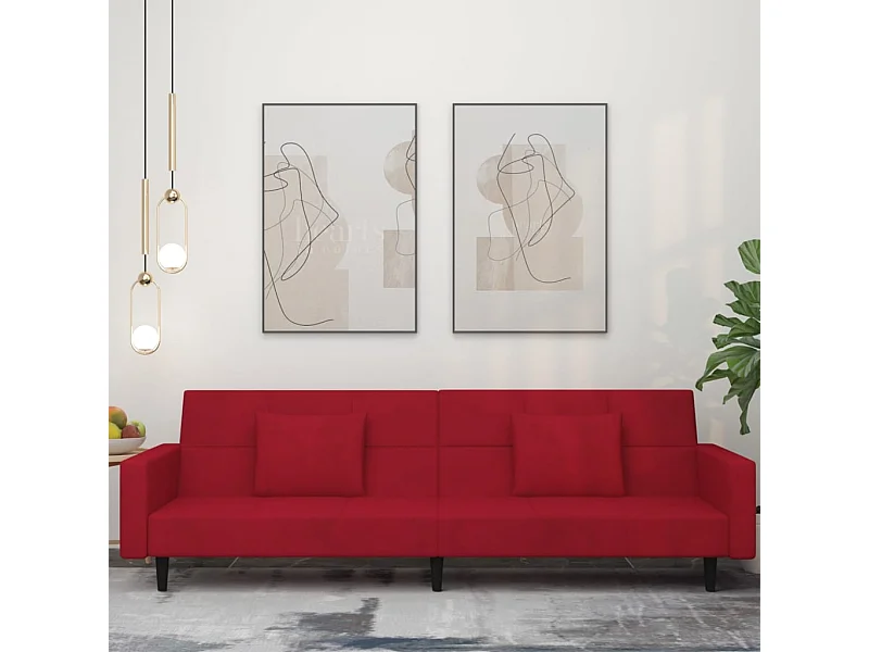 Sofá cama de 2 plazas con dos almohadas terciopelo rojo tinto