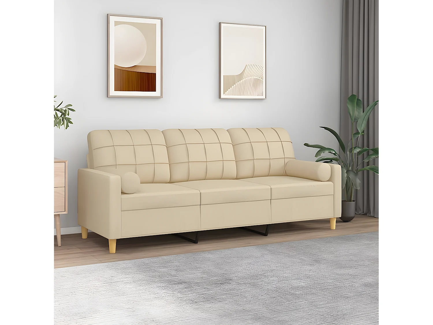 Canapé 3 places avec oreillers décoratifs crème 180 cm tissu