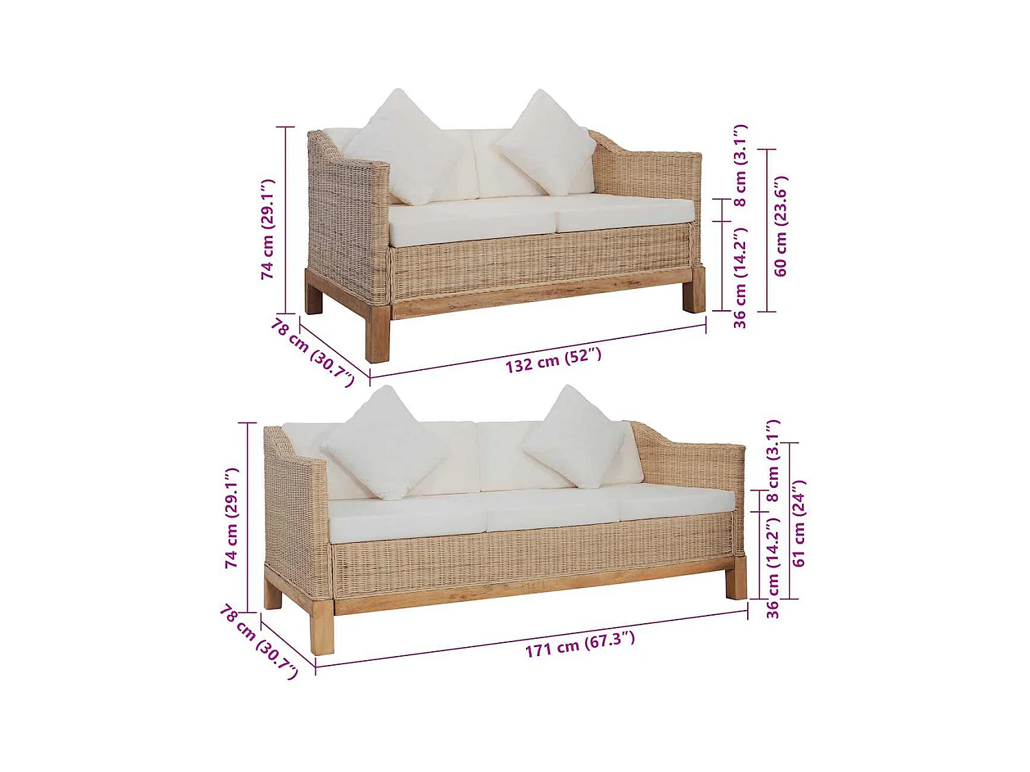 Ensemble de canapés 2 pcs avec coussins rotin naturel