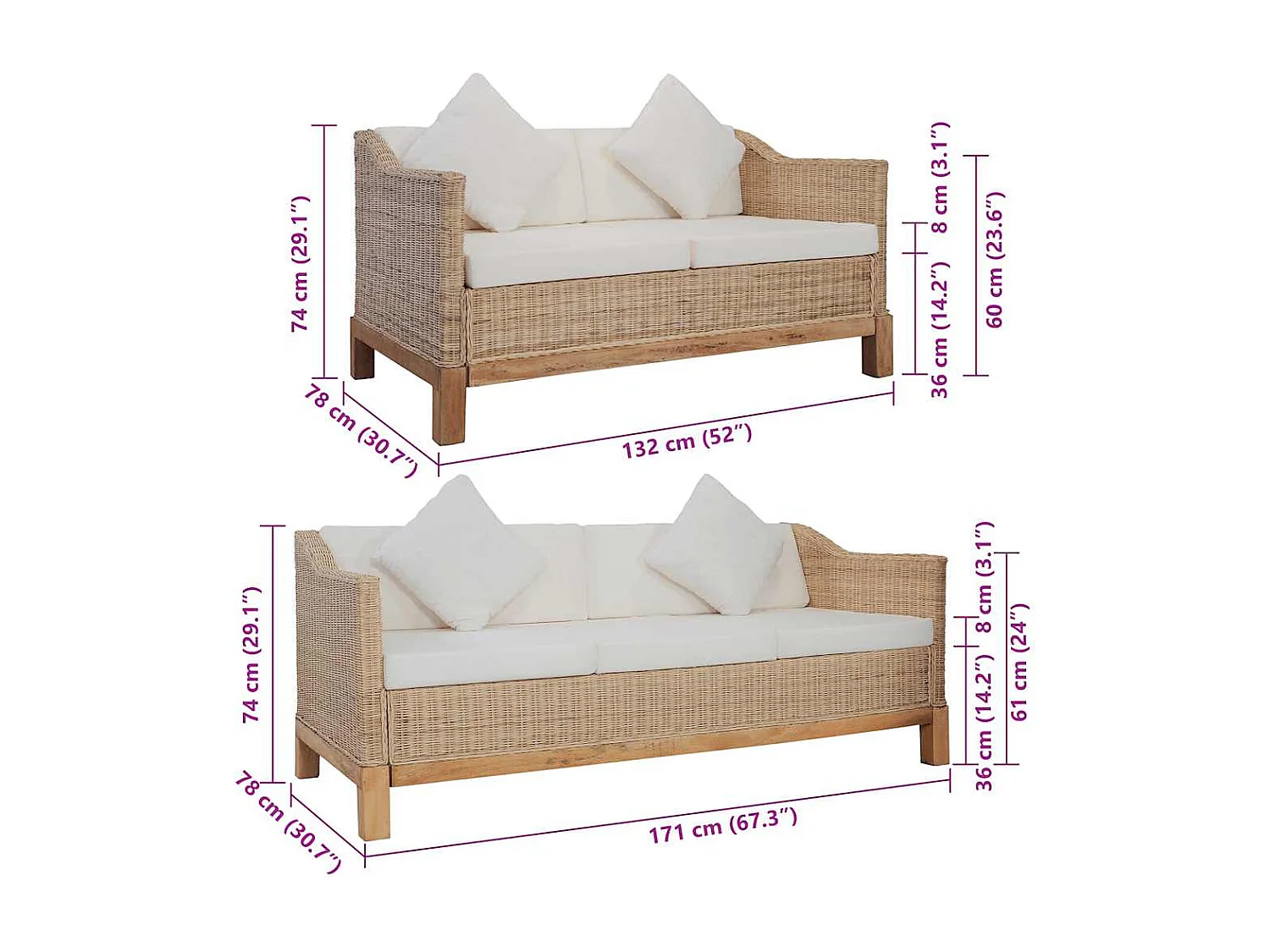 2-tlg. Sofagarnitur mit Auflagen Natur Rattan