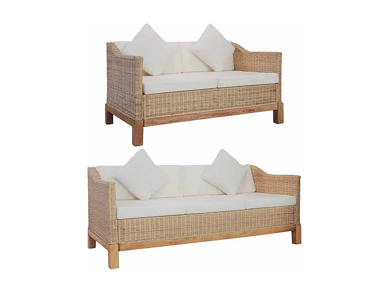 Ensemble de canapés 2 pcs avec coussins rotin naturel