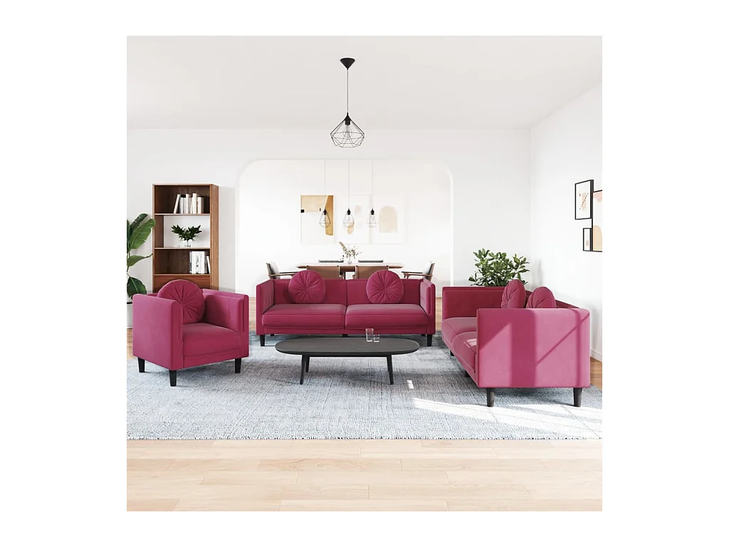 Ensemble de canapés 3 pcs avec coussins rouge bordeaux velours