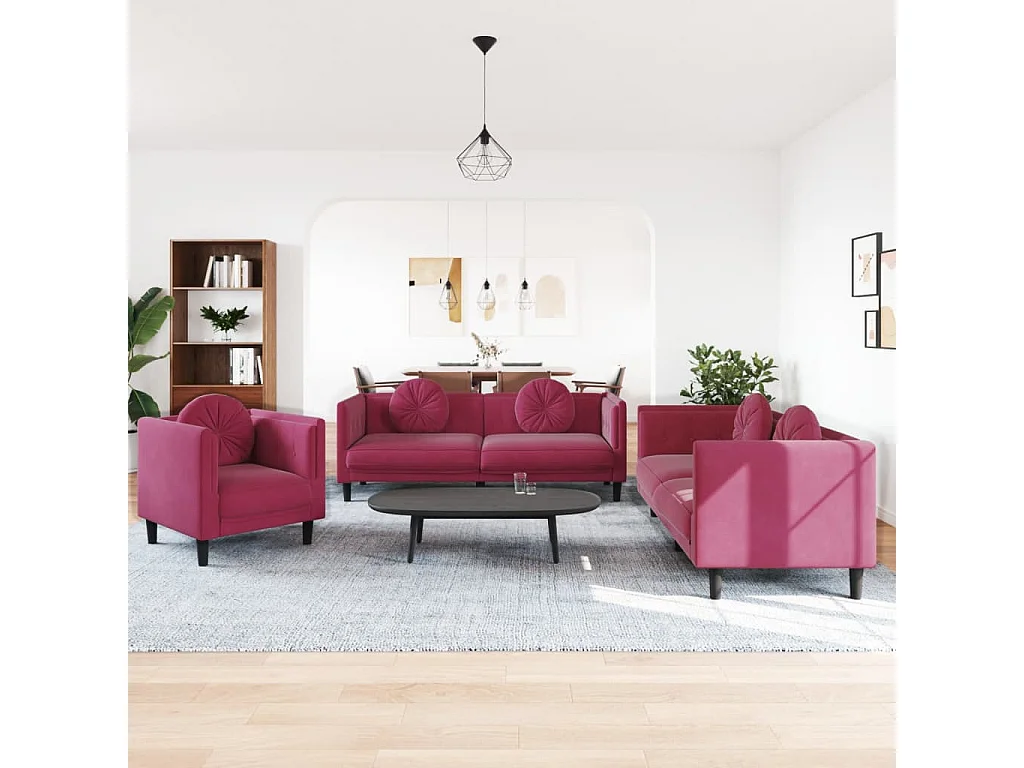 Set di Divani 3 pz con Cuscini Rosso Vino in Velluto