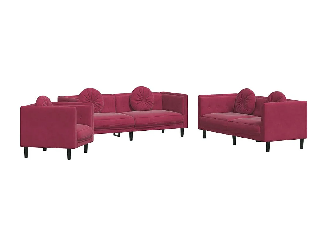 Set di Divani 3 pz con Cuscini Rosso Vino in Velluto