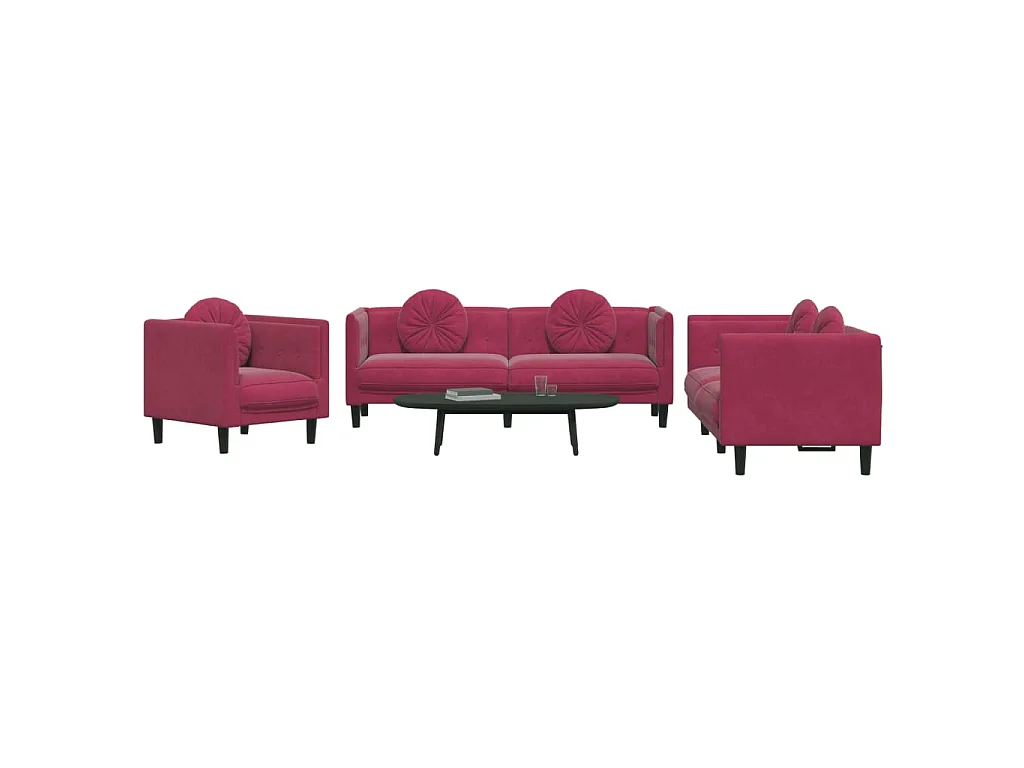 Ensemble de canapés 3 pcs avec coussins rouge bordeaux velours
