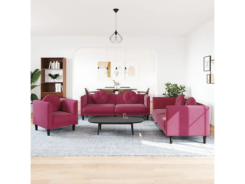 3 pcs conjunto de sofás com almofadas veludo vermelho-tinto