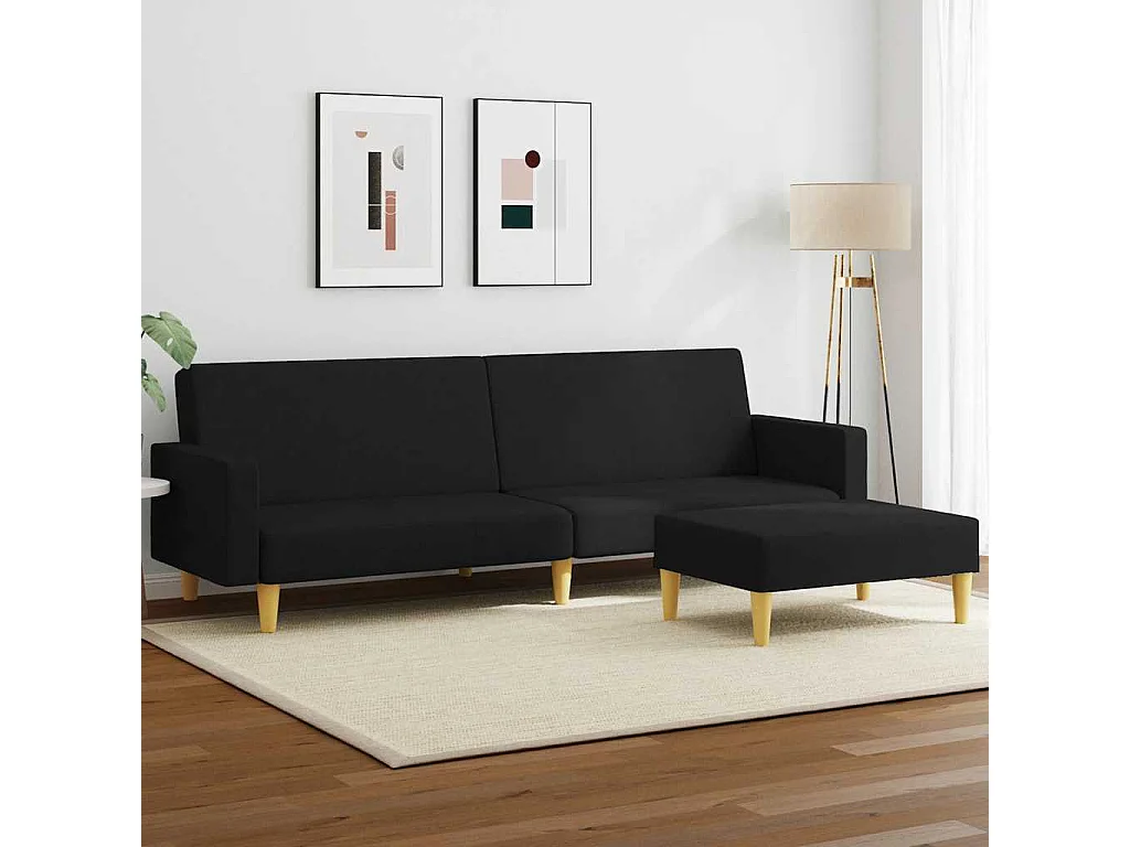 Canapé-lit à 2 places avec repose-pied noir tissu